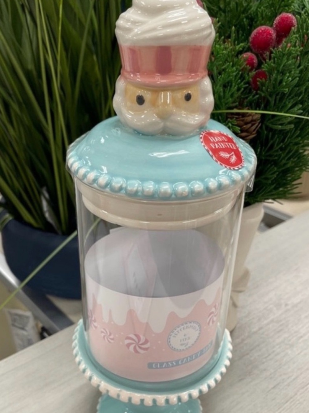 Ceramic Santa Candy Jar - Aqua and Pink